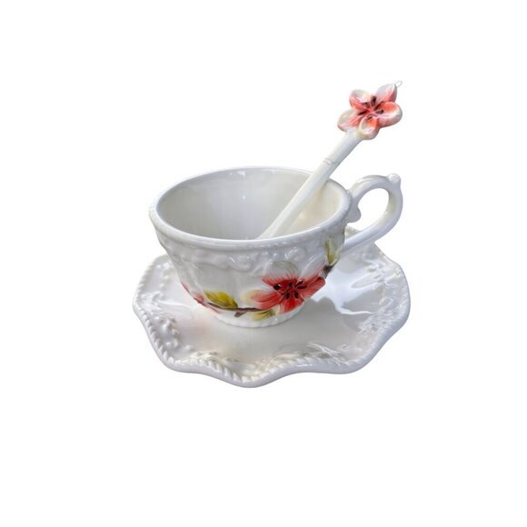 VTG Botanical Collection By Corner Ruby Floral Ceramic Teacup & Saucer Spoon Set - Picture 2 of 10